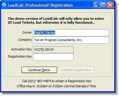 LoadCalc Professional Registration Screen